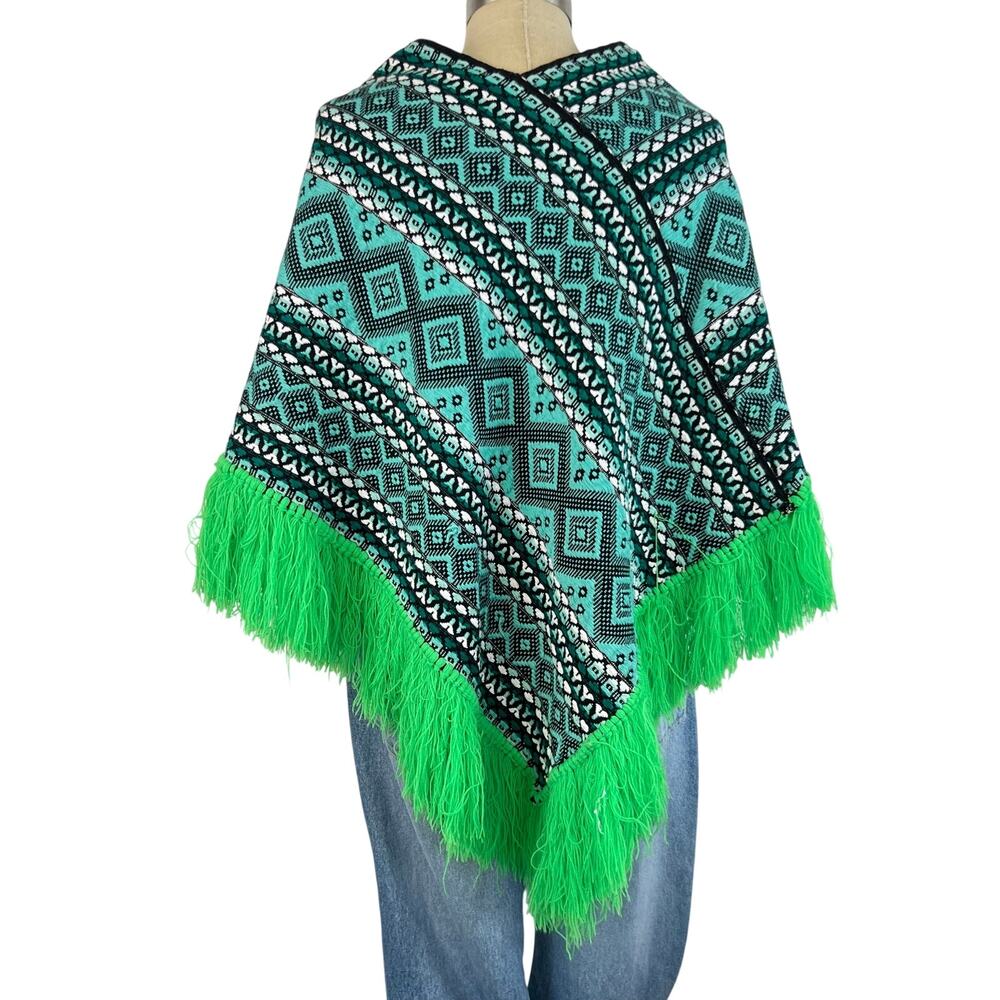 Vintage Women's Teal Green Textile Print Fringe Boho Cape Poncho (Sz M)